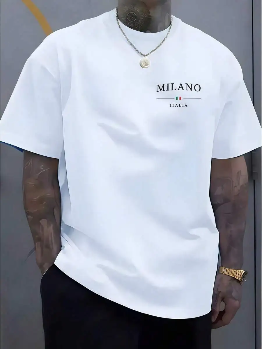 1 pieza de ropa para hombre, camiseta blanca con estampado de Milano Italia, camiseta gráfica, camisetas de verano, camiseta informal unisex con cuello redondo, Plus Si
