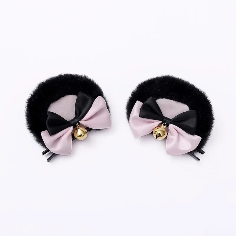 Faux Fur Clips de Cabelo com Double Bowknot Bell, Orelhas de Urso Redondas, Pelúcia Animal Hairpins, Anime Lolita Kawaii Cosplay Acessórios, Doce