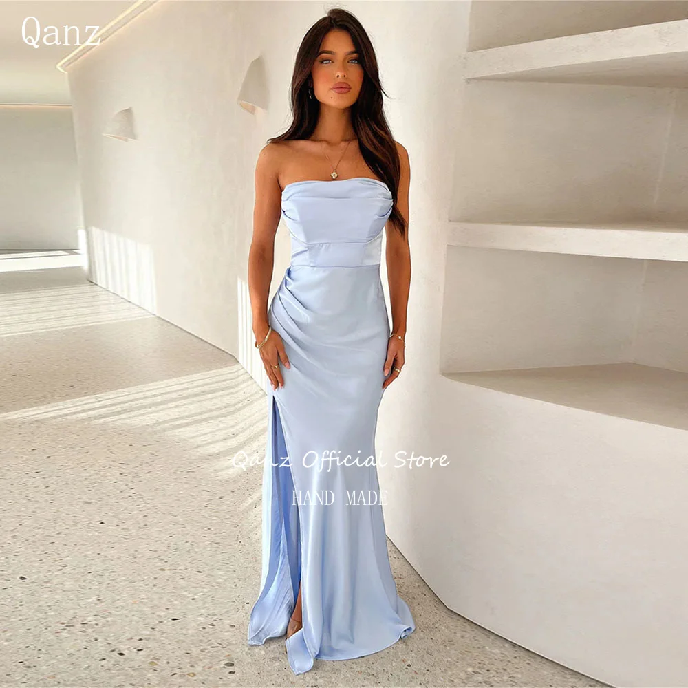 

Qanz Sky Blue Vestidos De Noche Elegantes Mermaid High Slit Satin Evening Dresses Backless Party Dresses Women Customized