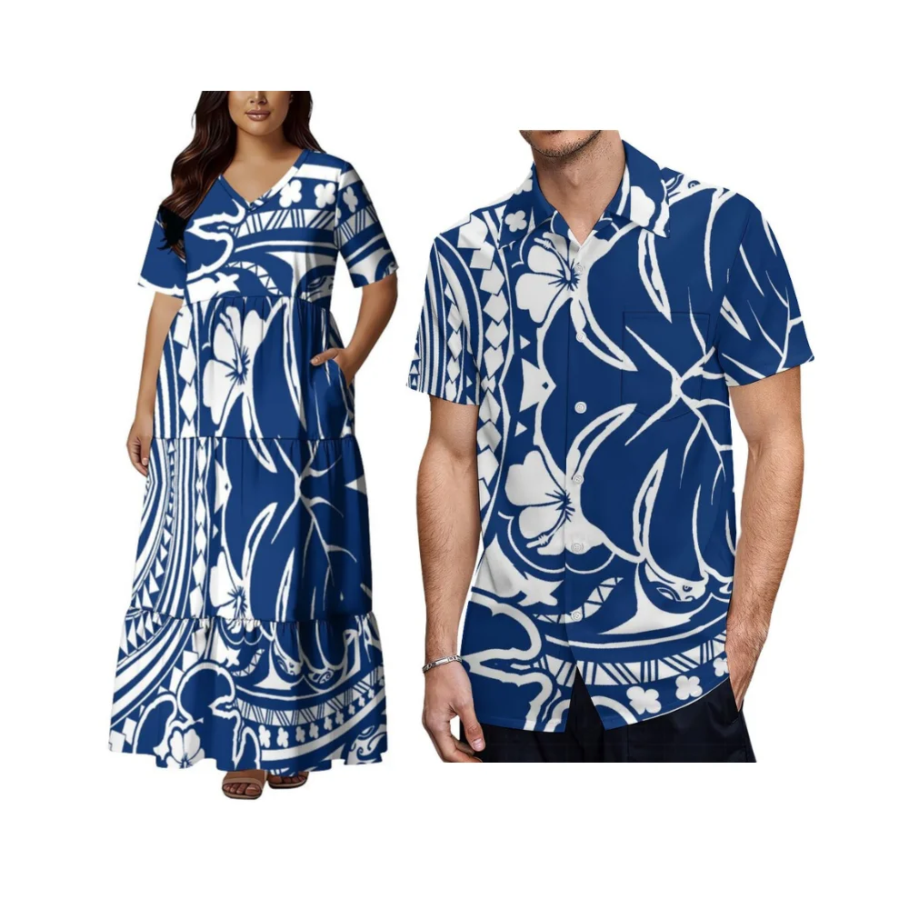 Summer Polynesian-Style Custom Printed Casual Loose-Fitting Dress With V-Neck Short Sleeves And Pocket Design - Cake Style Dress