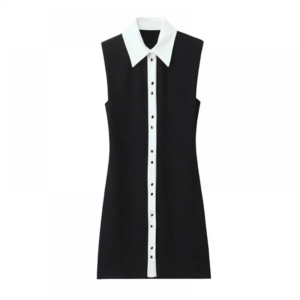 

Basics Single Breasted Dress Sleeveless Black A-line Dress Above Knee Length Skirt Polo Collar Empire Short Cloth for Commuting