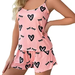 Summer Heart Printed Silk Satin Pajama Set Sleepwear Women Sexy Lingerie Cami Top and Shorts 2 Pieces Sets Loungewear