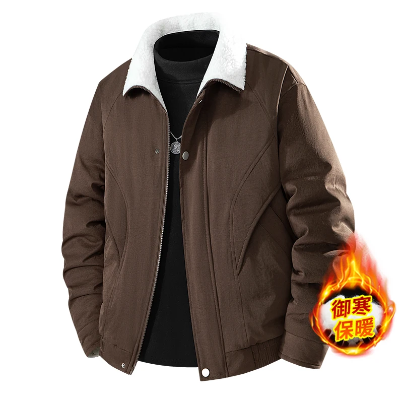 The 2025 autumn/winter new men's lambskin thermal cotton jacket with a retro lapel is a perfect match for young people and coupl