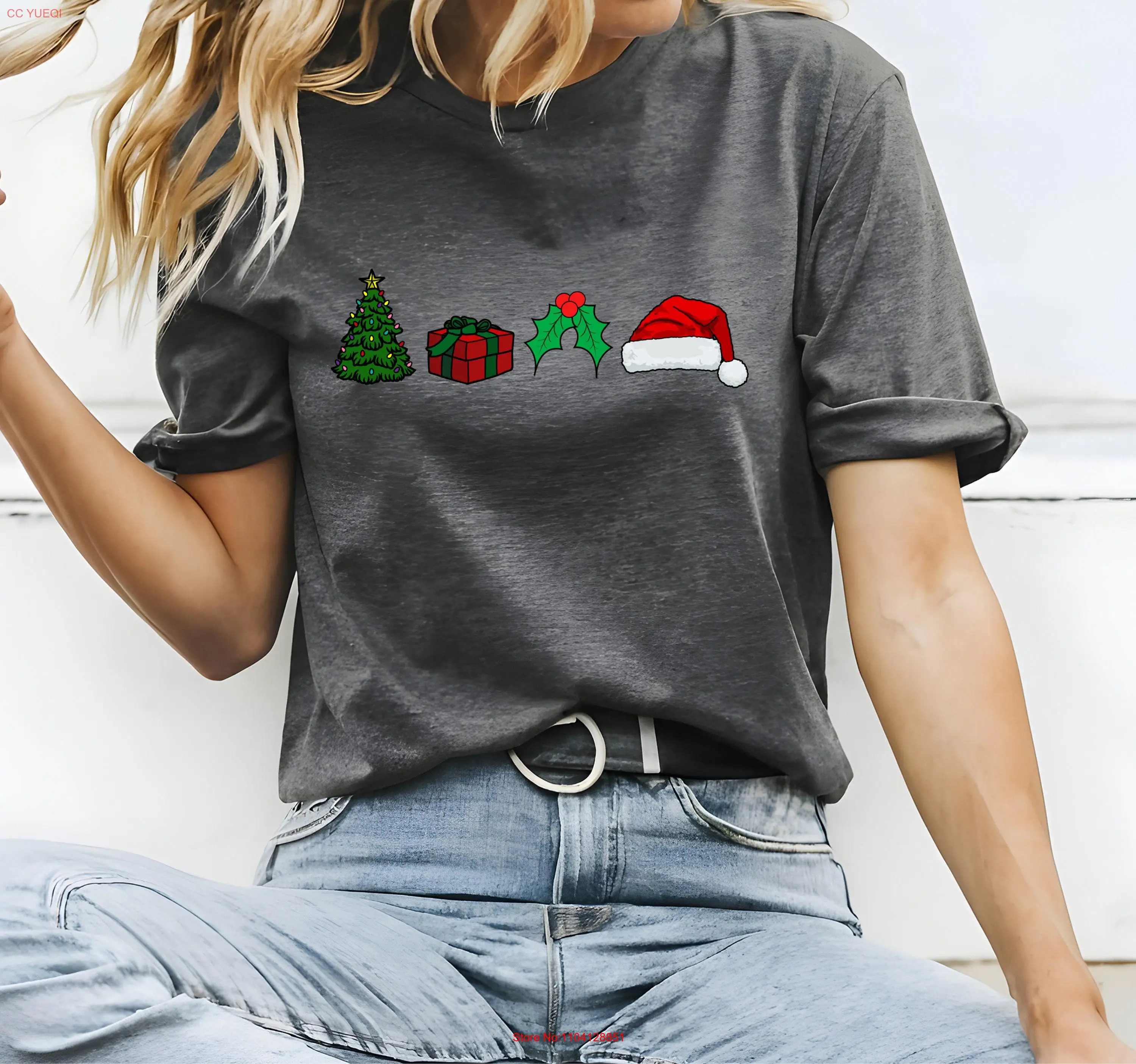 Christmas Tree T Shirt Present Holly Santa Hat Merry Winter tee long or short sleeves