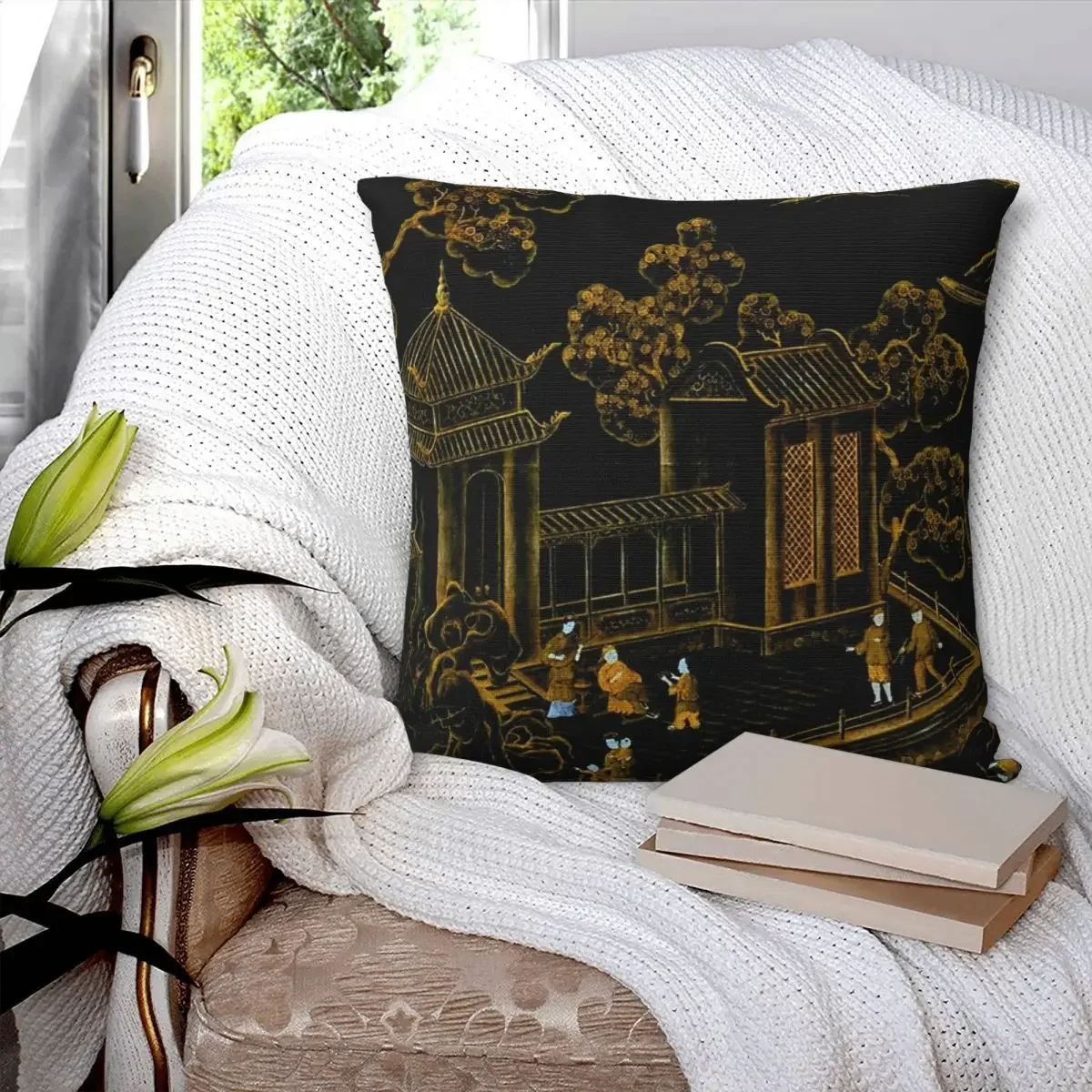 Black And Gold Oriental Silk Pagodas Pillowcase Polyester Pillows Cover Cushion Comfort Throw Pillow Sofa Decorative Cushions