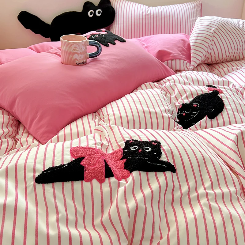 Cartoon Kawaii Cat Bedding Set Purple Duvet Cover Flat Sheet Pillowcase Kids Girls Bed Linen Bedspread Full Twin Size NO Filling