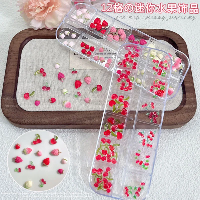 12グリッド/ボックス 60個入り 3Dアクリルフルーツネイルアート チェリー ストロベリー チャーム アクセサリー ネイルデコレーション マニキュアデコ用品