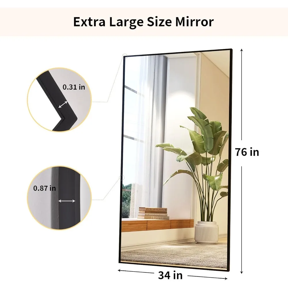 Espelho de comprimento total de 34 "x 76" com suporte, espelho de chão retangular grande para quarto, sala de estar ou armário, montado na parede ou independente