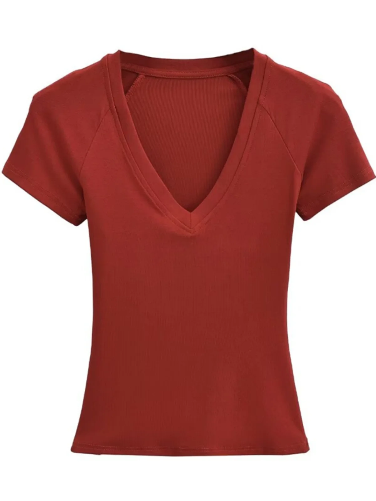 Street Sle ort Sve V-Ne Slim Fit Sexy poitrine couleur Pure t-shirt style décontracté à la mode taille-collant haut pour les femmes