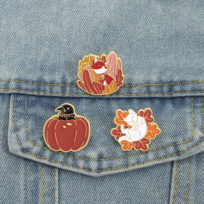 Thanksgiving Tiere Emaille Pins Herbst Katze Fuchs Krähe Broschen Revers Abzeichen Cartoon Blätter Schmuck Geschenk für Kinder Freunde