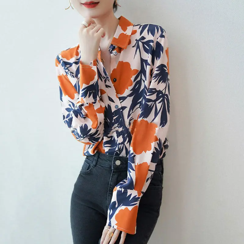 Women Spring Fashion Trend Loose Printing Chiffon Polo-Neck Long Sleeve Shirts Women Clothes Casual All-match Temperament Tops