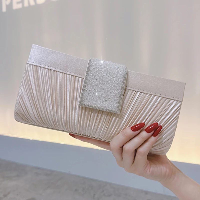 

Milan High-End Satin Beaded Square Button Clutch, Luxury Dinner Bag, Elegant Banquet Wedding Party Handbag Purse