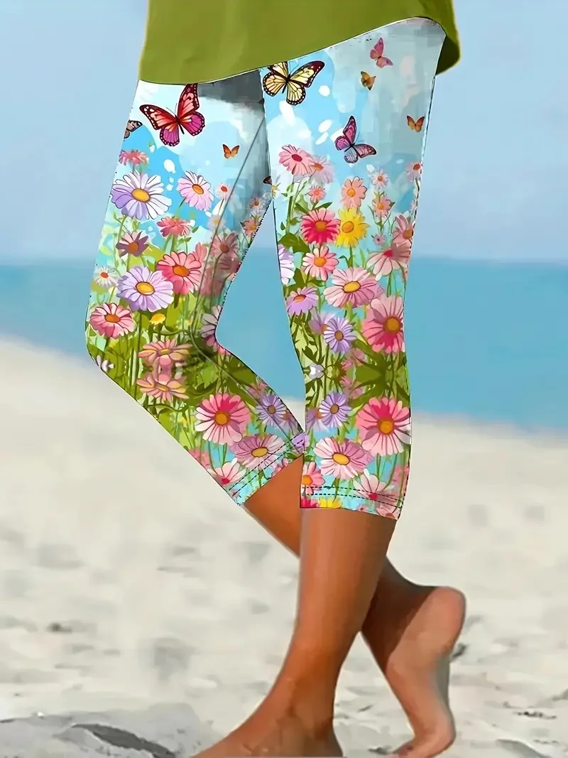 Butterfly& Floral print stretch slim elastic waist tight casual leggings capri pants women