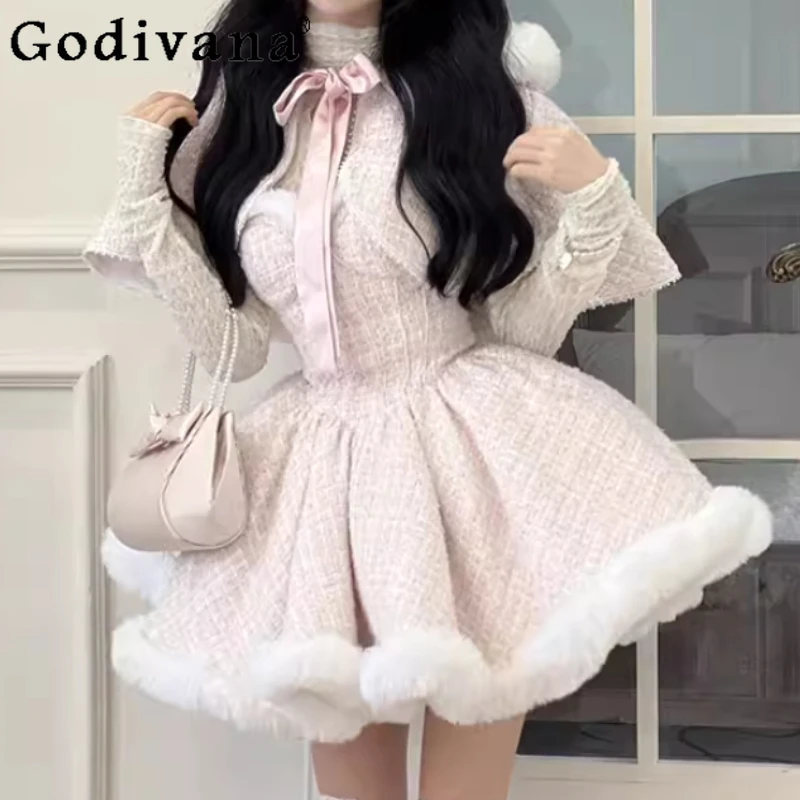 

Зимнее новогоднее шикарное милое платье трапециевидной формы с высокой талией без бретелек, свободная универсальная возрастная накидка с капюшоном в стиле Лолиты, комплекты из двух предметов