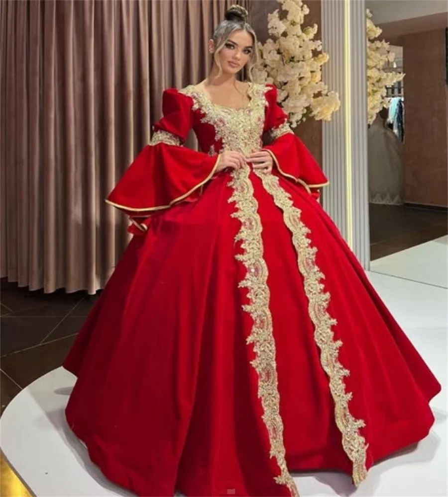 Arabian Kosovo Red Evening Dress Long Sleeve Muslim Arabic Dubai Prom Dress Gold Lace Abaya Morrocan Formal Party Customized