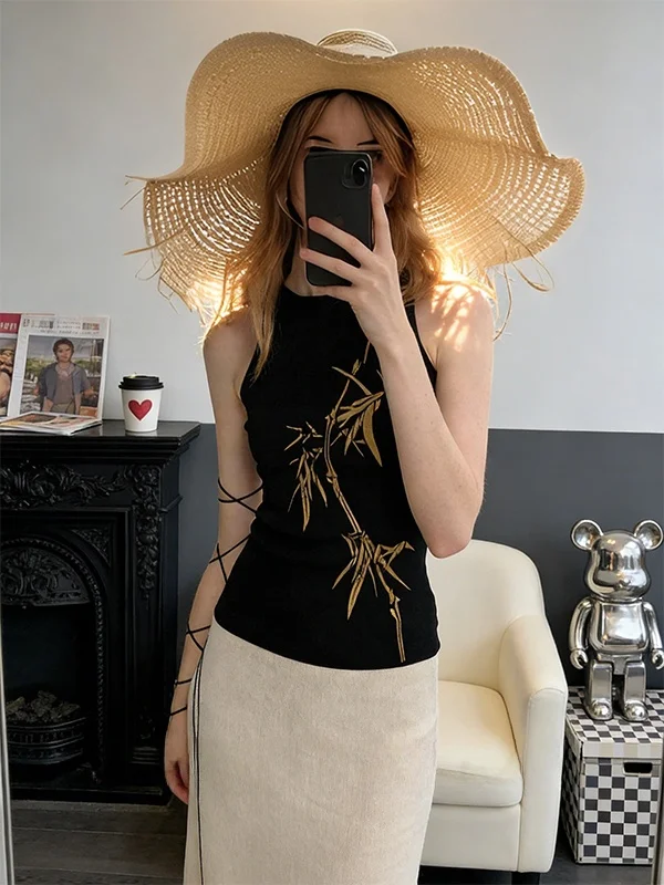 

Женский топ Bla round Ne Svel Vest, весна-лето, новый дизайн, с принтом бамбукового листа, высококачественный, приталенный, для ношения под одеждой