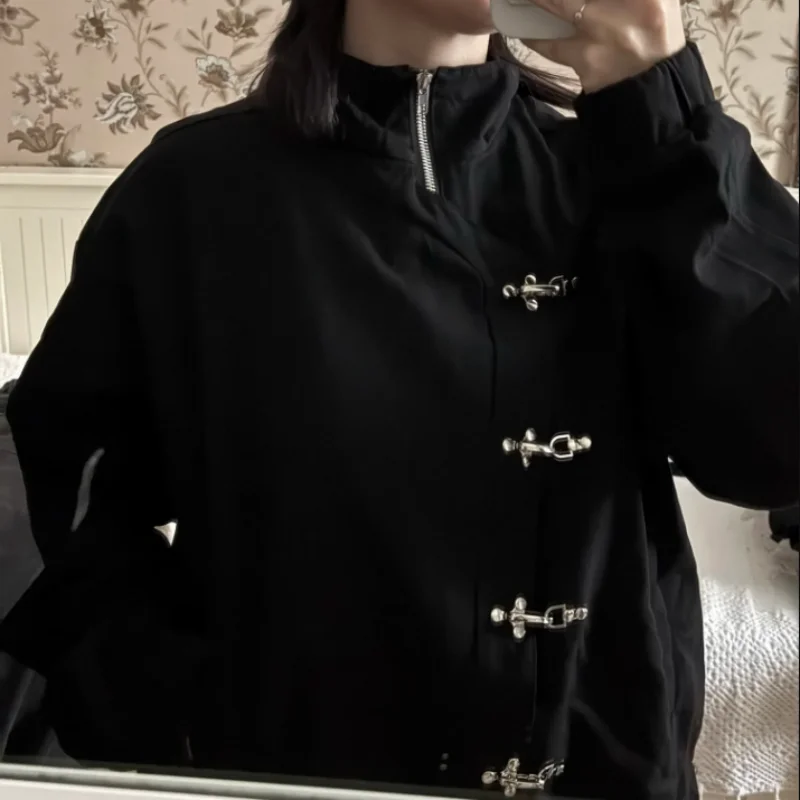 Casual Women\'s Jacket Irregular Slanted Collar Metal Button Black Coat Loose Long Sleeve Short Outwear 2025 New Autumn Lady Coat