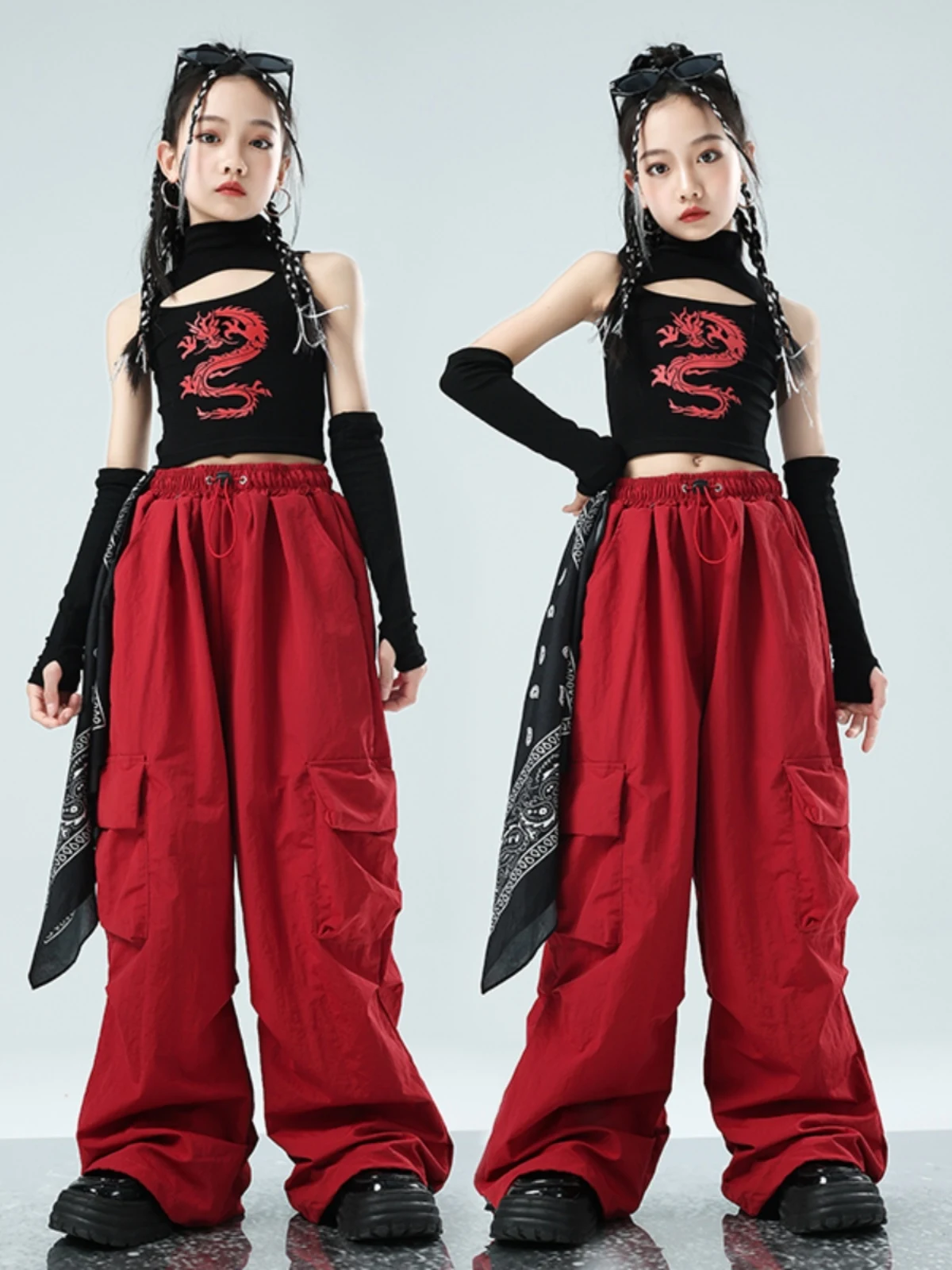 

Hip Hop Girls Clothes Summer Black Vest Red Cargo Pants Jazz Dance Costume Competition Clothing Kpop Performance Suit BL12618