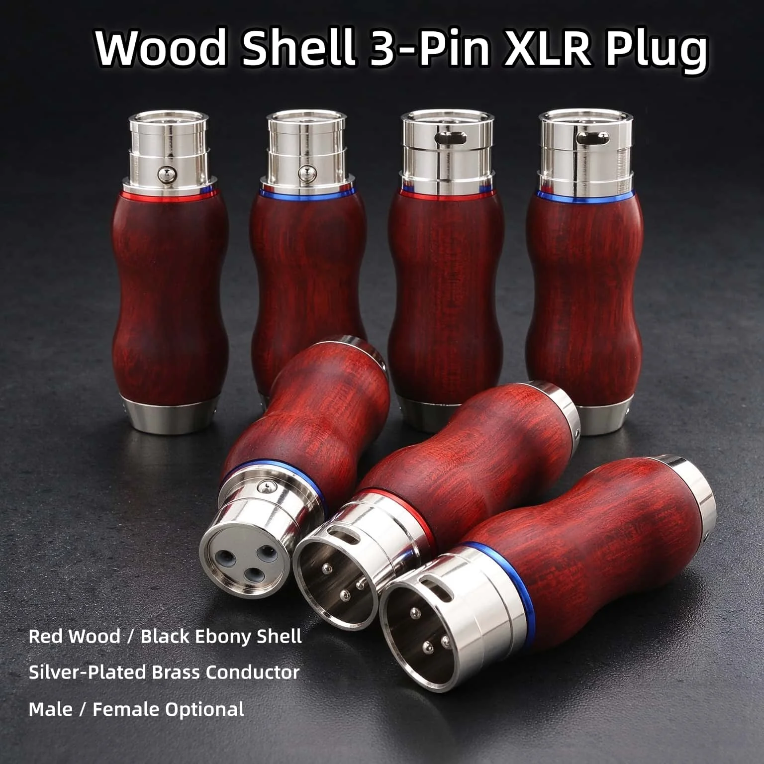 `udiocrast Wood Shell 3-Pin XLR Plug Silver Plated Brass Red Wood Black Ebony Male Female for HiFi Balanced Cable 2/4 Pcs`