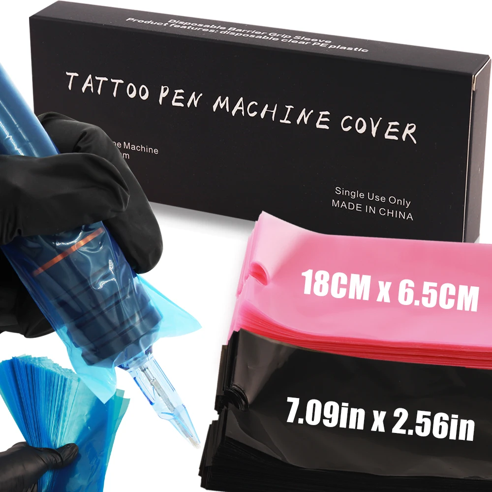 200 Uds. Bolsas grandes para bolígrafos de tatuaje, cartucho de tatuaje, mangas con Clip, suministro de bolsas, cubiertas para máquinas de tatuaje en negro/azul/rosa, accesorios para tatuajes