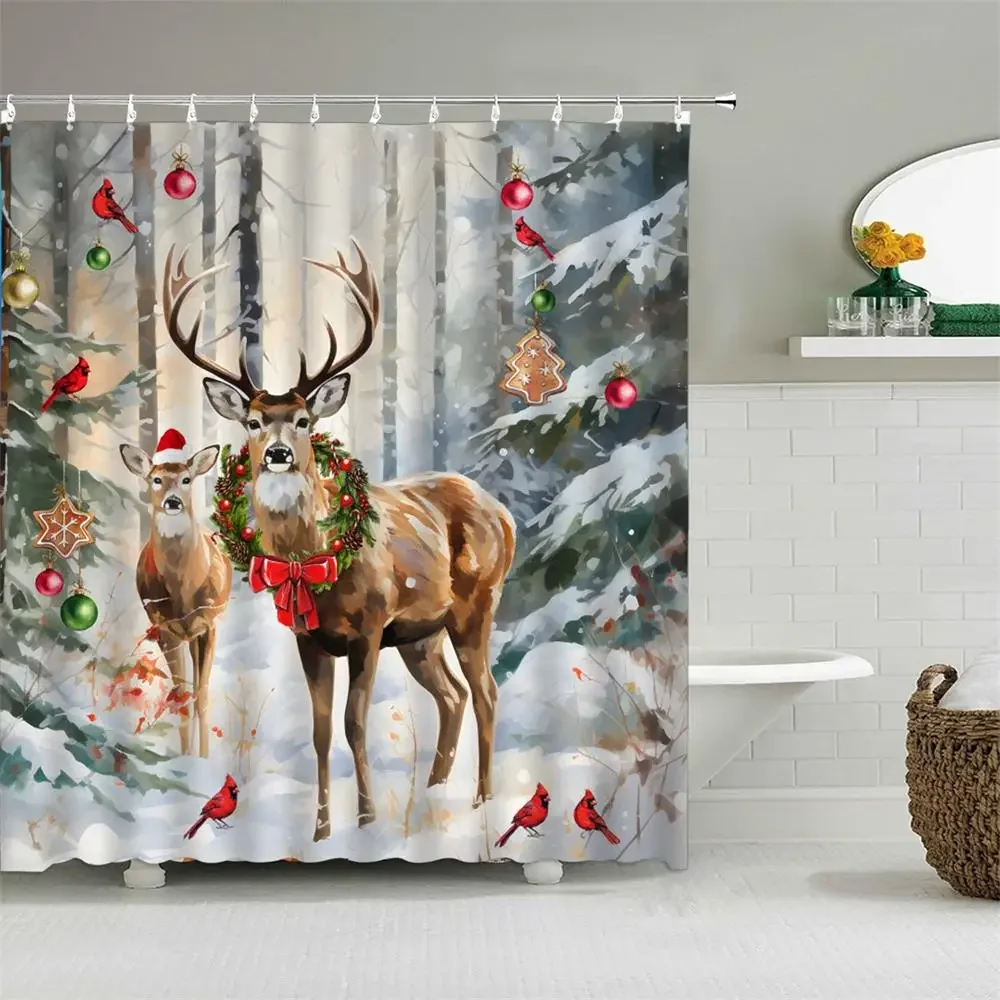 Christmas Animal Shower Curtain Winter Holiday Farm Moose Bear Red Bird Berry Horse Christmas Ball Barn Snowflake Bathroom Decor