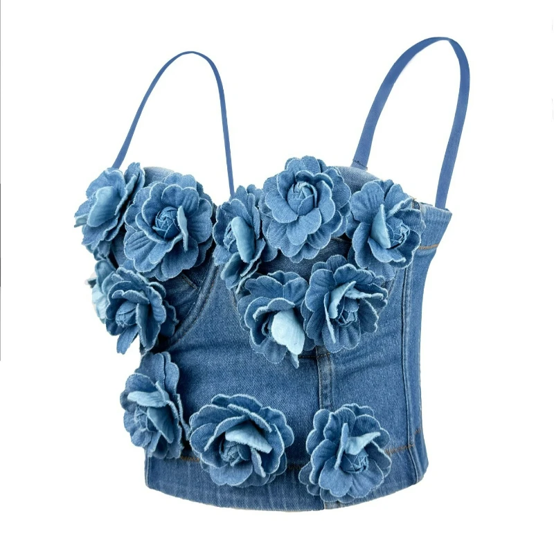 New Fashion Women's Hand-stitched Beaded Floral Embellishments High-end Sensual Sexy Top Denim Fishbone Corset 2026 Summer