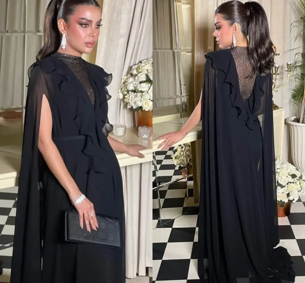 

Black Evening Pageant Dress Cape Sleeve V-Neck Beading Ruffles Chiffon Long Formal Prom Gowns Customized