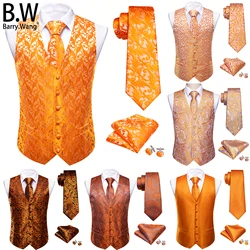 Orange Bronze Carrot Silk Men Vest Tie Hanky Cufflinks Set Jacquard Waistcoat Sleeveless Jacket Male Wedding Business Barry.Wang