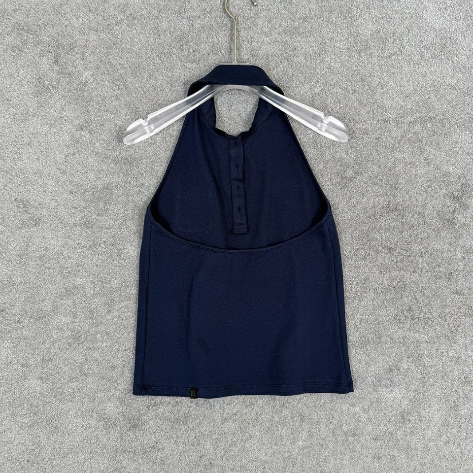 2026 Y2K Collared Halter Neck Tank Top - Slim Fit Polo Style with Chest Pocket in White & Navy for Summer Casual Chic