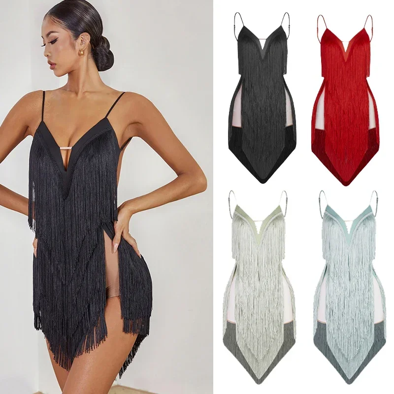 4 Colors Tassels Latin Dance Dress Women Competition Clothing Cha Cha Rumba Samba Dance Clothes Adult Sexy Fringe Dress DNV20305