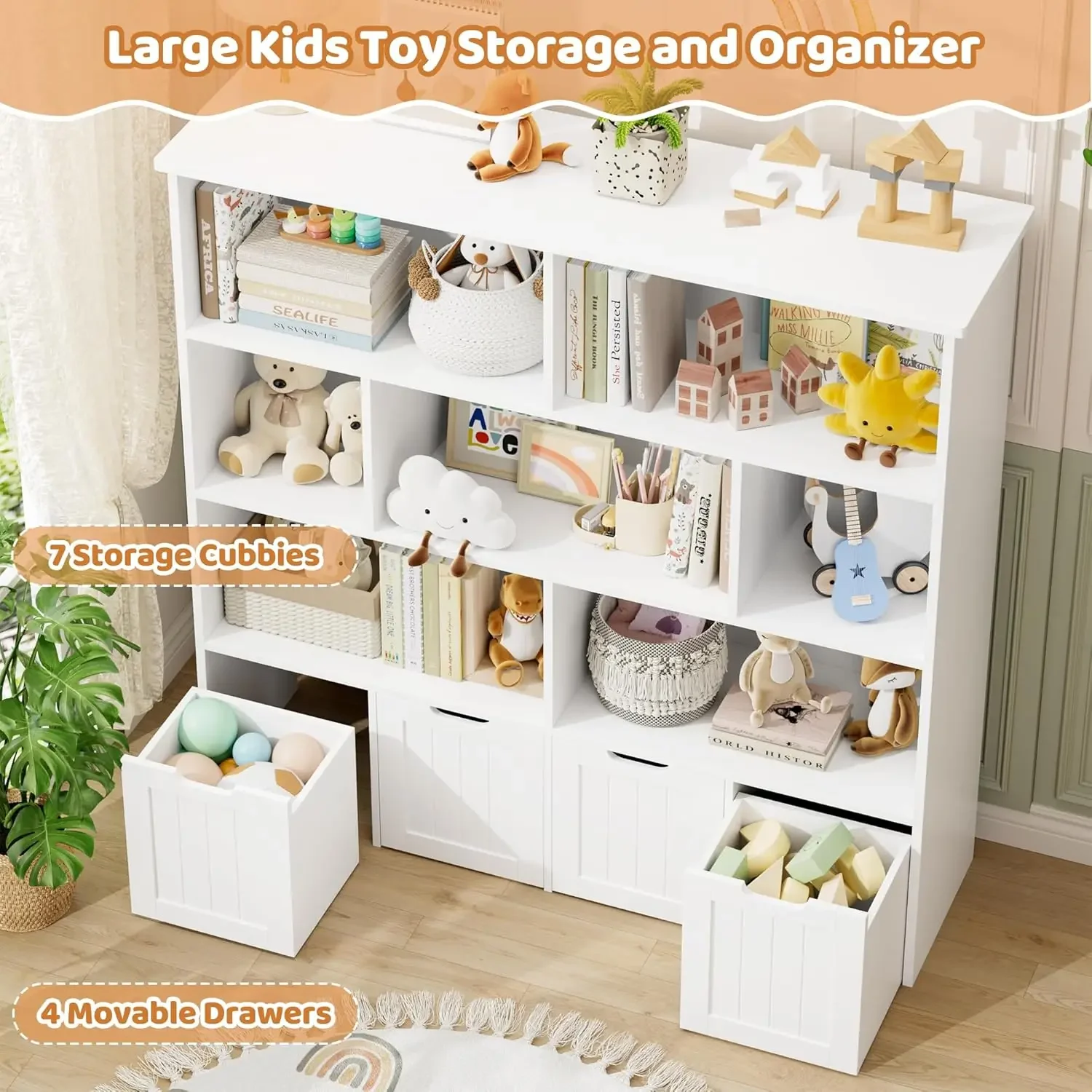 [سعر مخفض! منظم تخزين الألعاب، منظمات ألعاب كبيرة وتخزين مع 4 أدراج متحركة و7 مكعبات تخزين، لعبة تشي