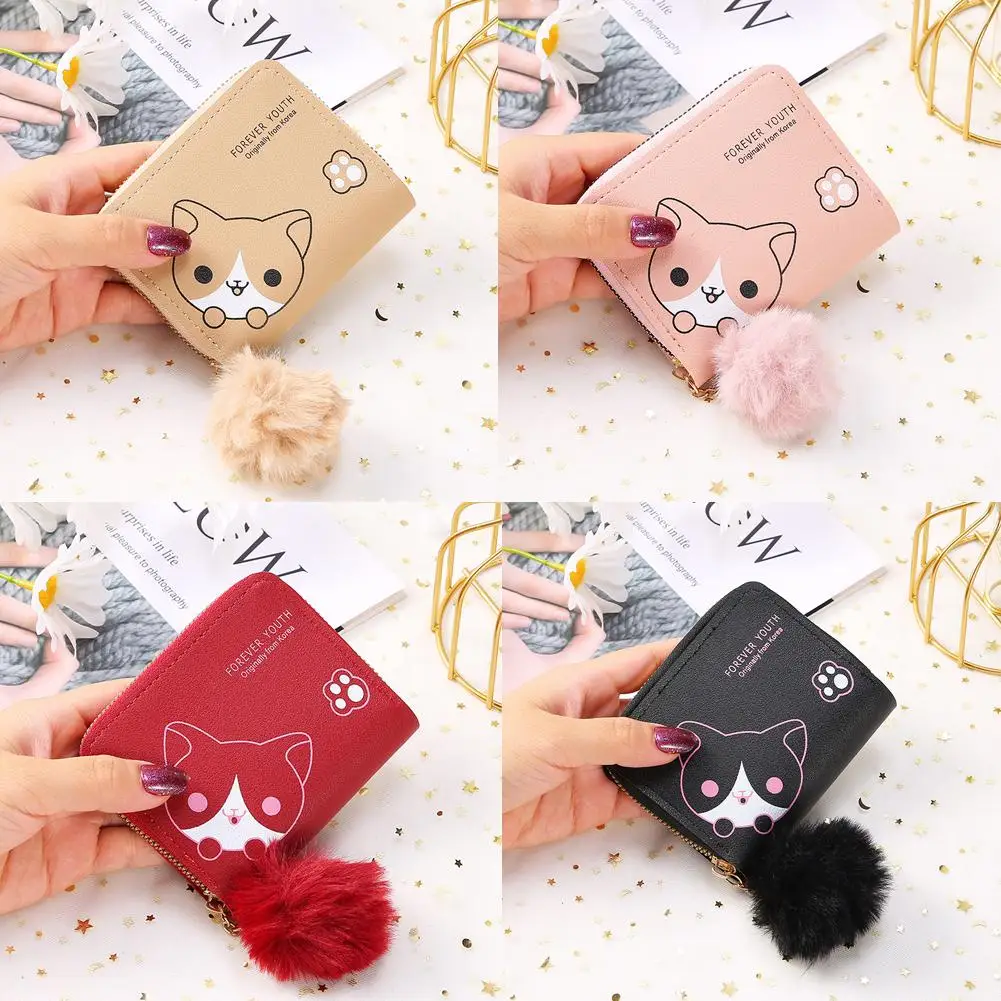 New Women Short Thin Korean Version Cute Cartoon Dog Wallet Bag High-end Wallet Ladies Clutch Leather Small Card Three Fold C5B4