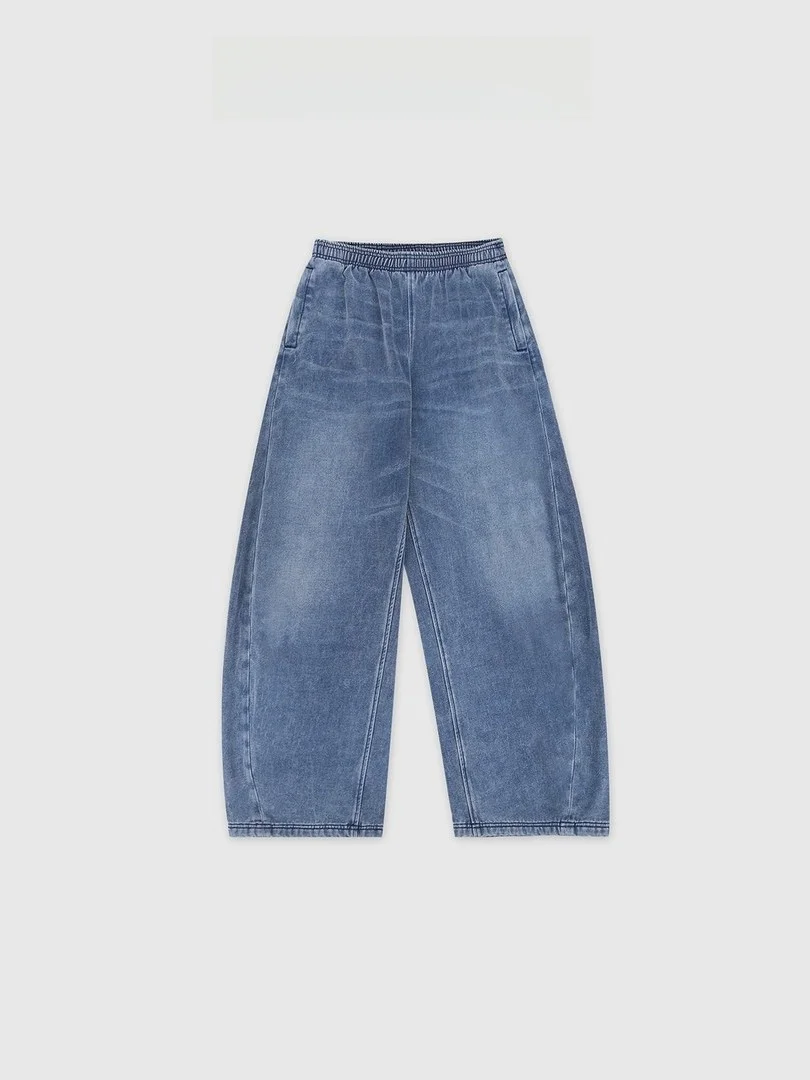 

Laid-ba Blue Fce-lined Wide-leg Jeans Casual High-waisted Cotton Blend Dstring Everyday Autumn Winter Ladies Jeans