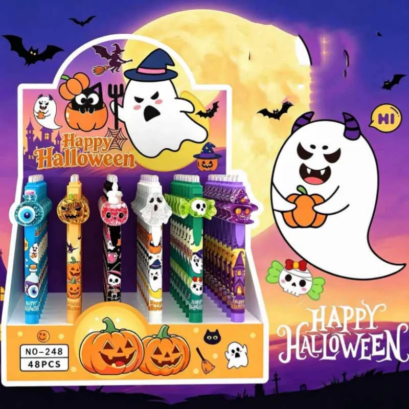 48pcs/lot Creative Halloween Pumpkin Ghost Erasable Gel Pen Cute 0.5mm Blue Ink Signature Pens Office School Supplies