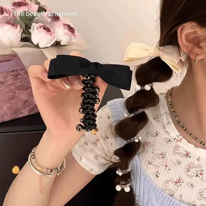 Sweet Elastic Spiral Shining Pearl Telephone Wire Hairband Bowknot Ponytails Braid Head Rubber Hair Tie Rope Women Accessories