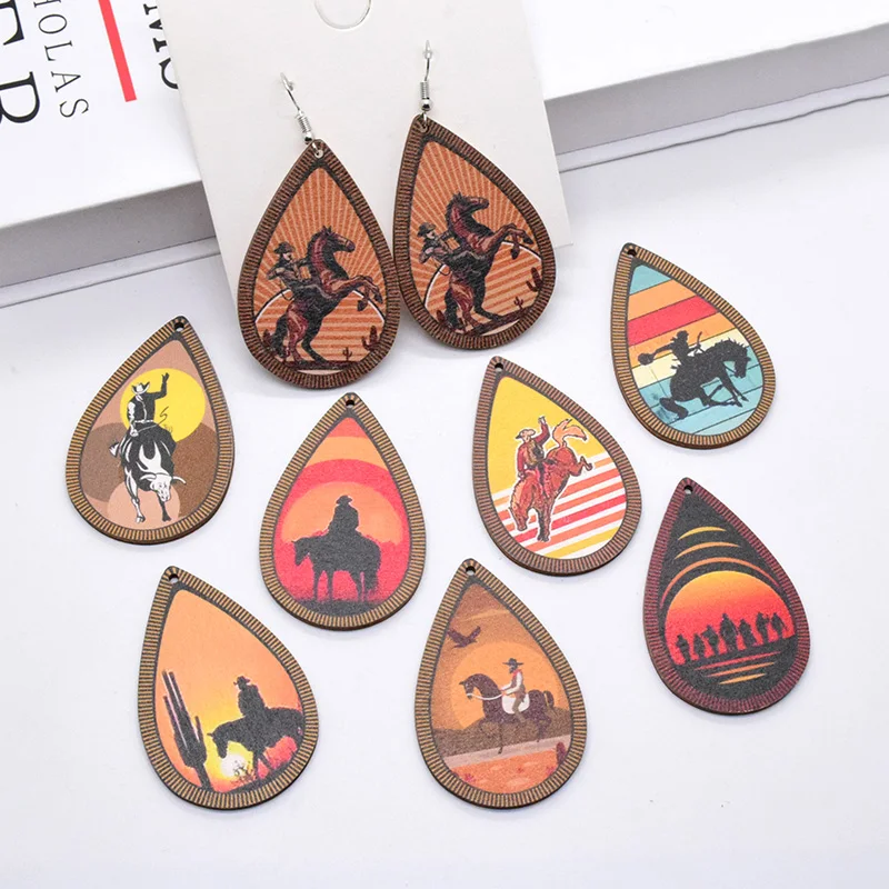 10pcs Sunset Cowboy Vintage Earring Wood Charms Artificial Wood Horse Riding Art Pendant For Eardrop Keychain Diy Jewelry Make