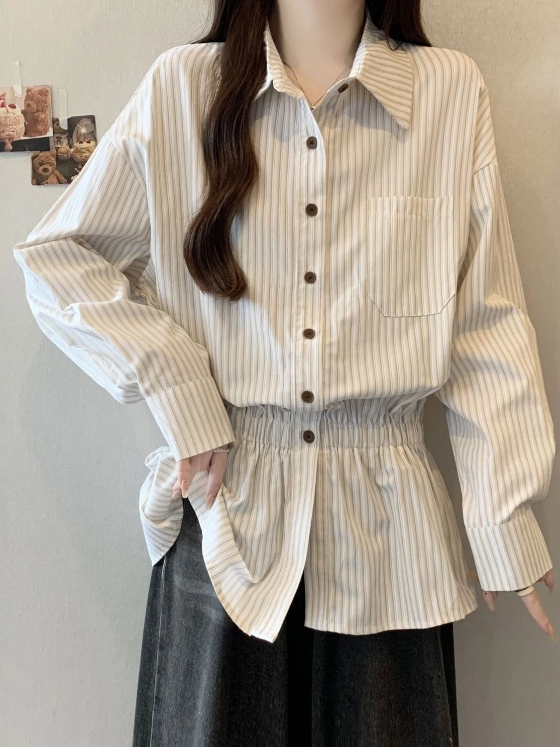 

Korean Style Commute Neck Stripe Shirt Women's plus Size Early Autumn Fashion Slimming Long Sleeve Blouse Inner Wear