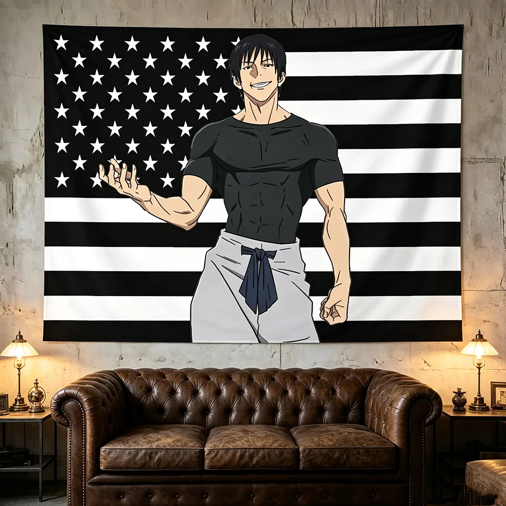 Anime Character Wall Flag Tapestry, Cool Muscular Anime Figure Graphic Black And White American Flag Wall Hanging Banner, Trendy Aesthetic Wall Decor for Bedroom Dorm Man Cave Teen Game Room