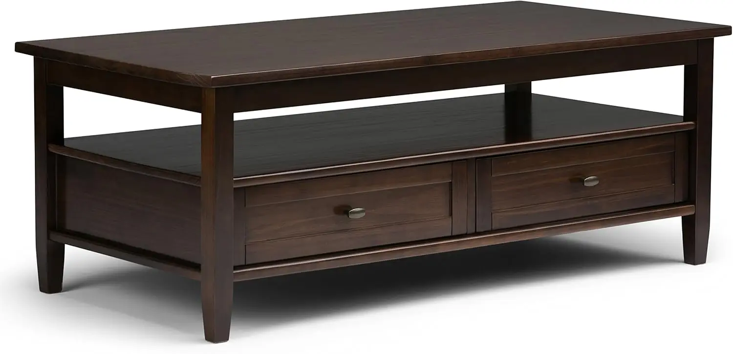 

Warm Shaker SOLID WOOD 48 inch Wide Rectangle Rustic Coffee Table in Tobacco Brown, for the Living Room and Family Room