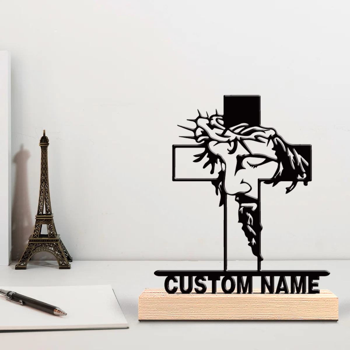 1pc Personalized Custom Jesus and the Cross Customized Name  Iron Statue Iron Ornament Tin Sculpture With Wood Base
