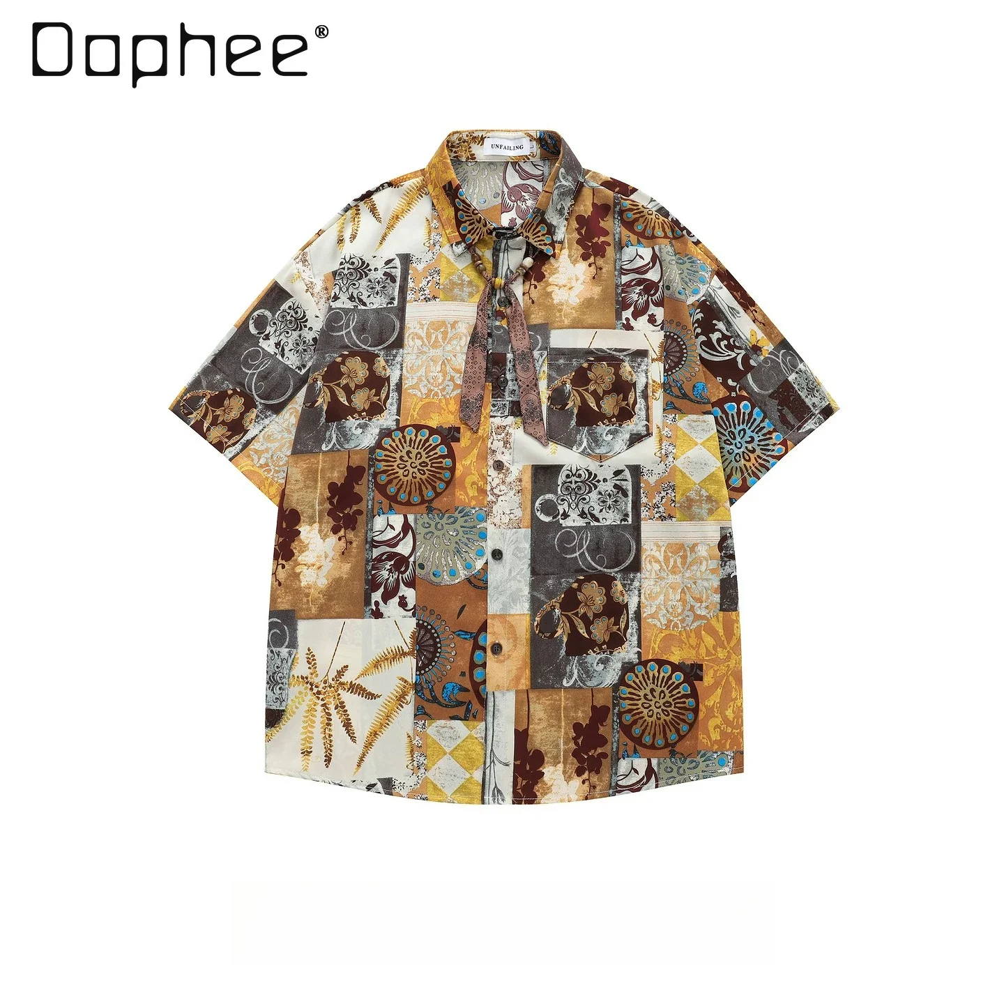 

Summer New Vintage Yellow Patchwork Floral Short Sleeve Shirt Men Retro Spliced Square Print Lapel Casual Blouse with Ribbon