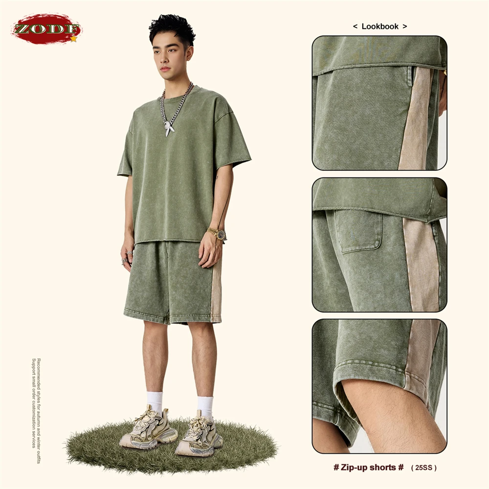 ZODF Vintage Men Washed 370gsm Cotton Shorts Unisex High Street Patchwork Distressed Shorts Brand Clothes HY1026