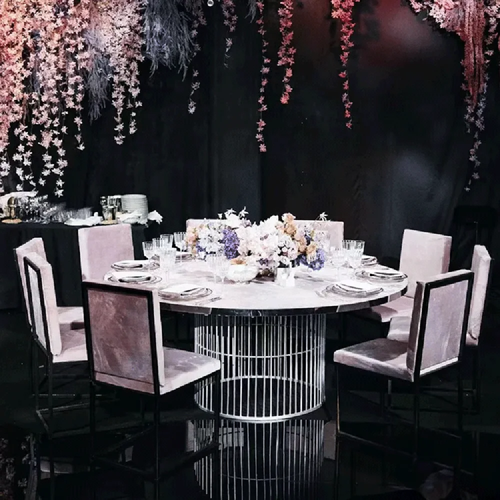 

Round Stainless Steel Base Wedding Furniture Glass Dining Table Silver Metal Banquet Products, Trendy