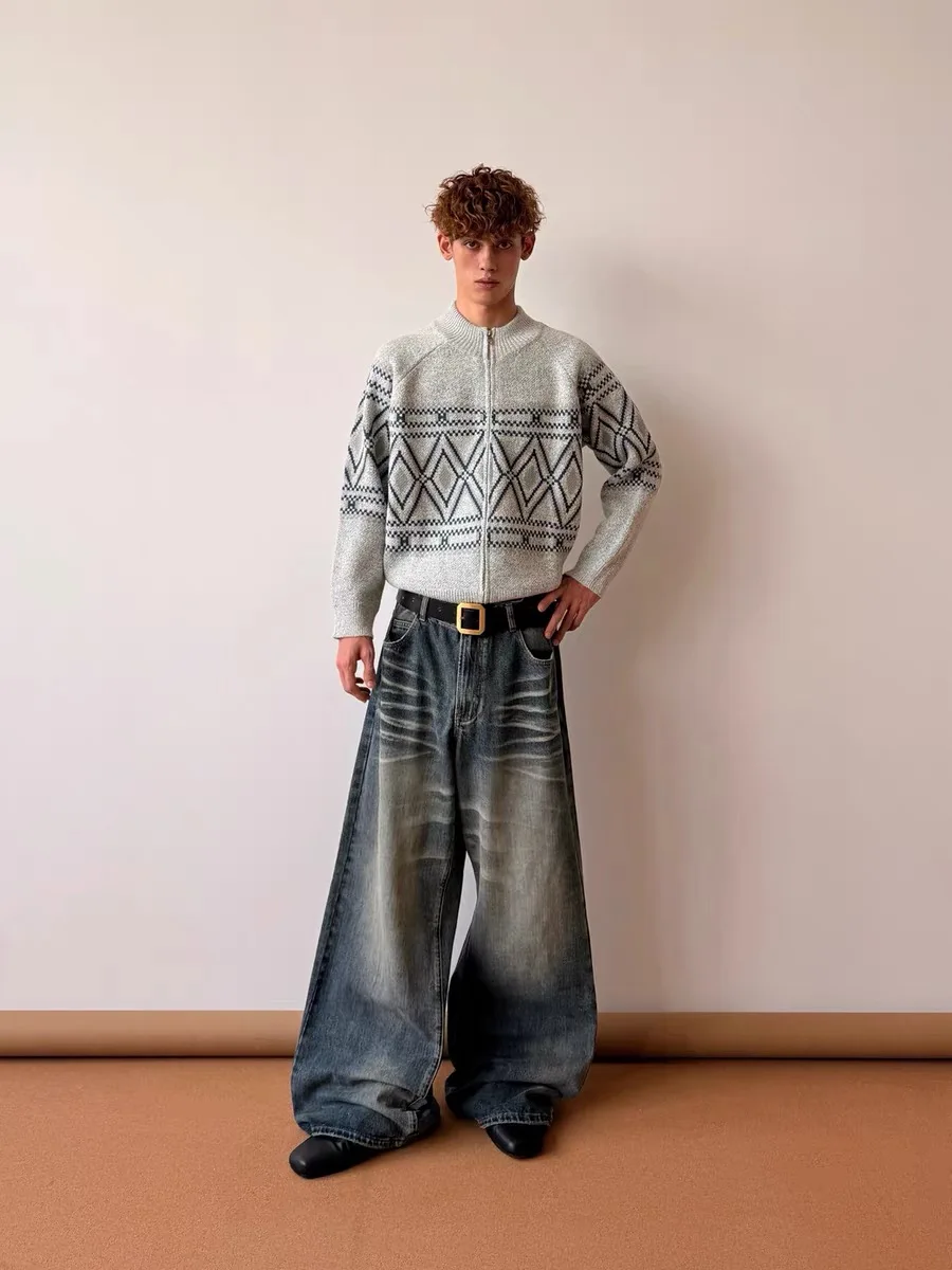 

Американский ретро Fair Isle вязаный кардиган на молнии мужской осенне-зимний повседневный шерстяной кардиган для отдыха с ромбовидным узором Long Sve