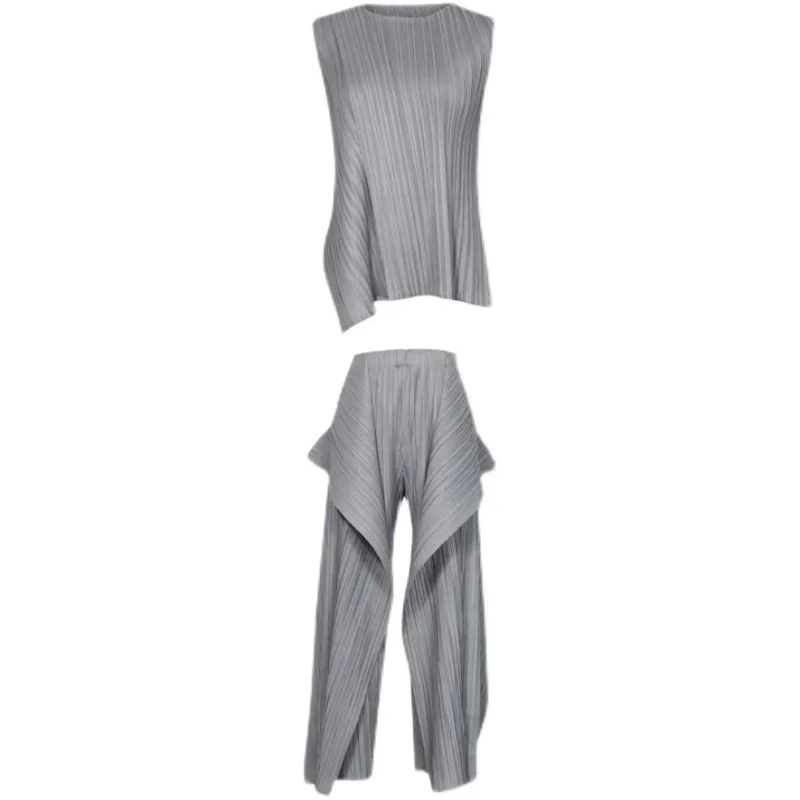 Miyake Pleated Irregular Sleeveless Top and Pants Set Japanese Classic Wide Leg Pants Two Piece Set  Aesthetic Clothes