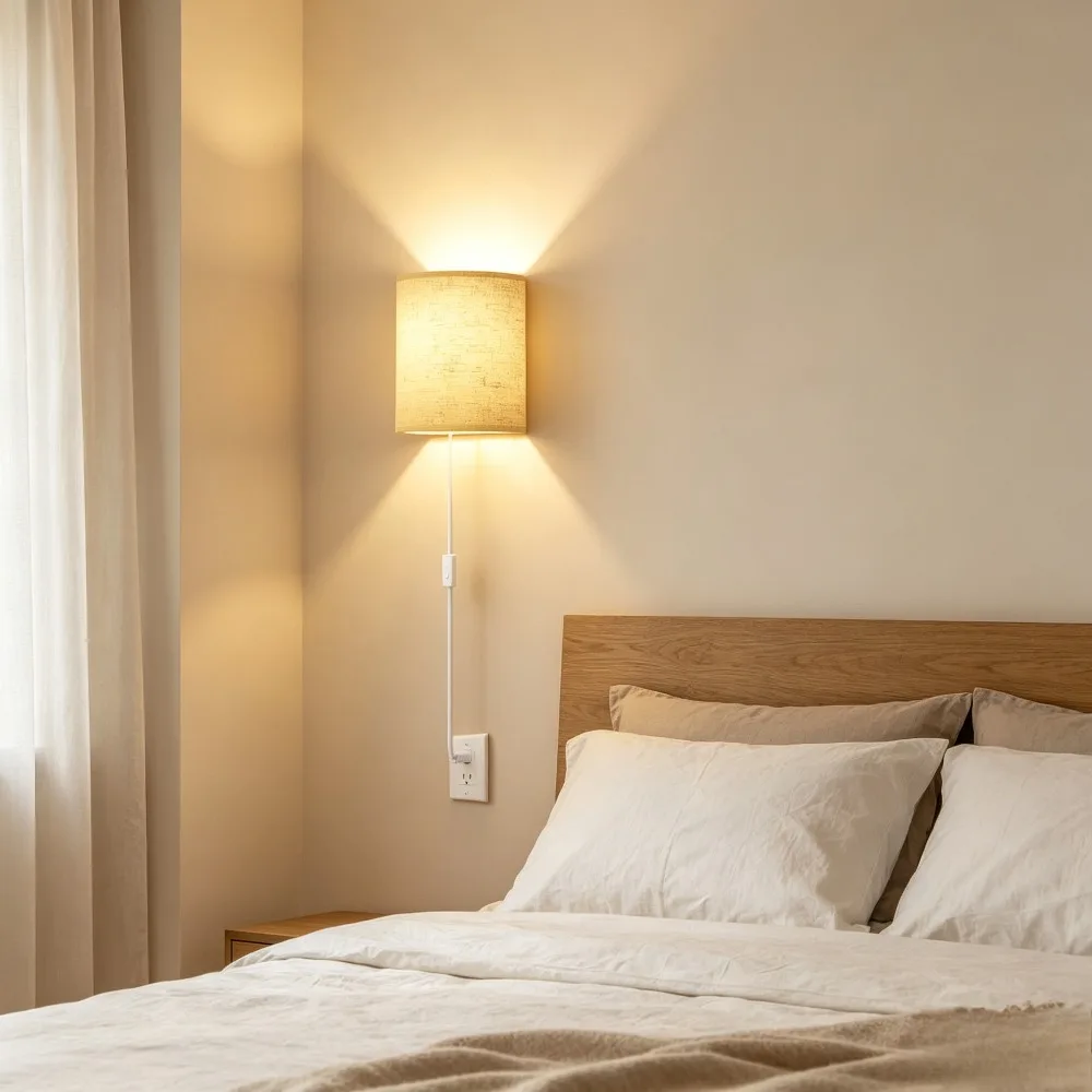 Two-Piece Linen Fabric Plug-In Wall Lamp Set with On/Off Switch Stepped Color Temperature for Indoor Bedroom And Living Room Lig