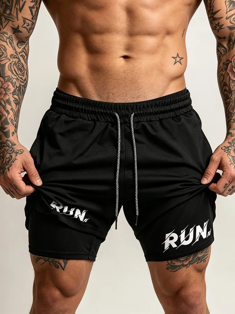Men's quick-drying sports shorts Double Layer Training Shorts Breathable Elastic Drawstring Gym Running Workout Short Pants-J59