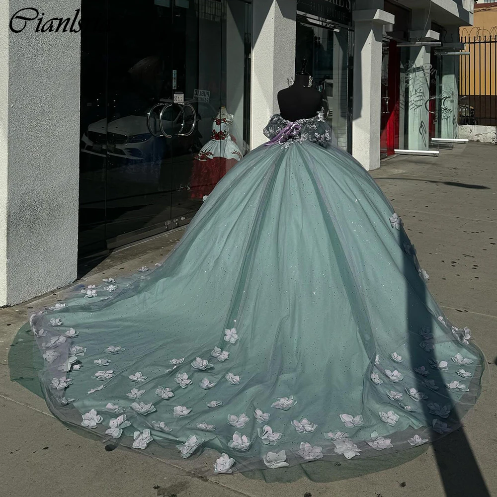 Hunter Green Illusion Crystal Beading Ball Gown Quinceanera Dresses 3D Flowers Appliques Lace Corset Vestidos De 15 Años