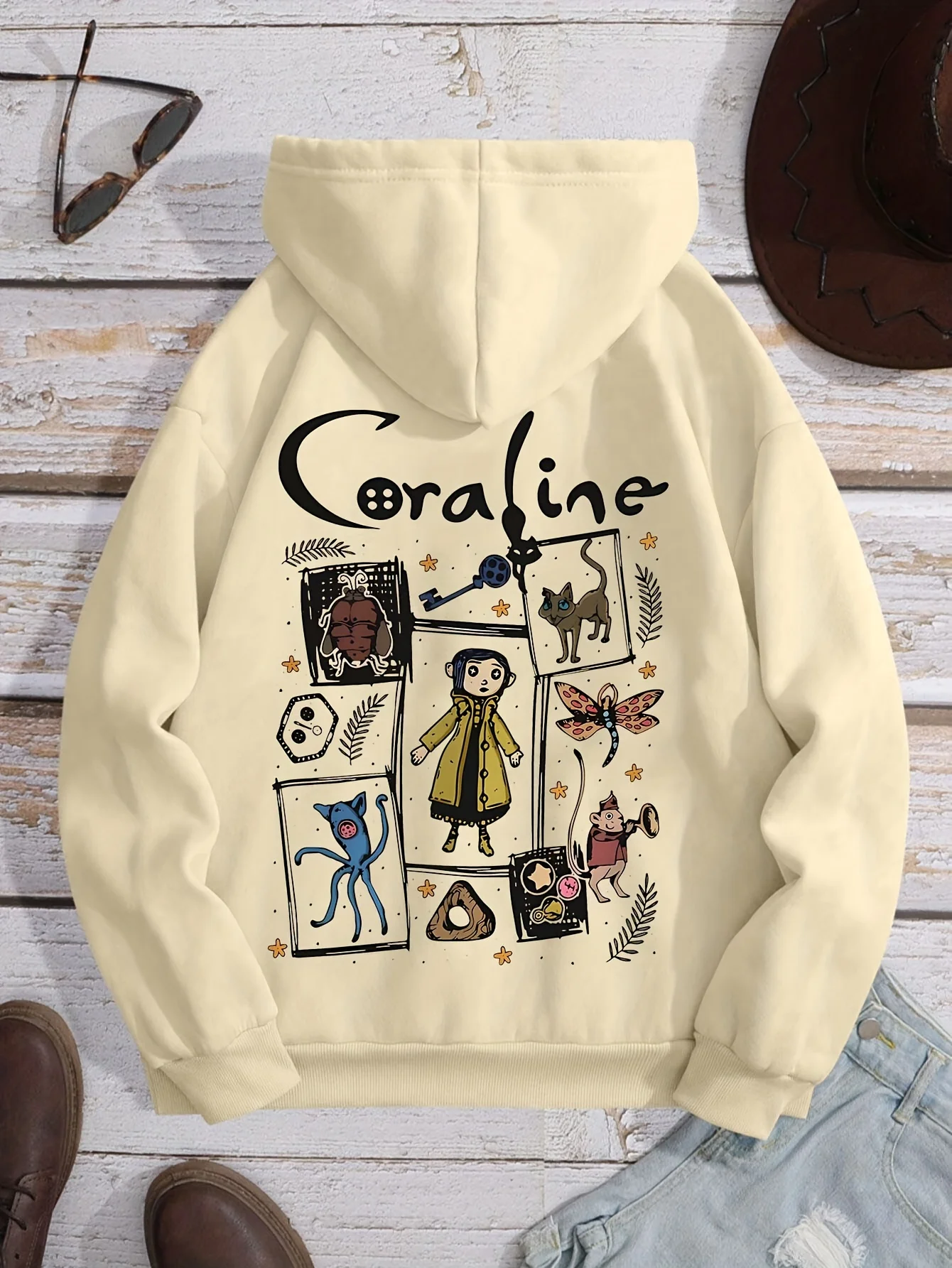 Cozy Coraline Graphic Hoodie for Women - Casual Drawstring Pullover with Kangaroo Pocket Perfect for Fall & Winter