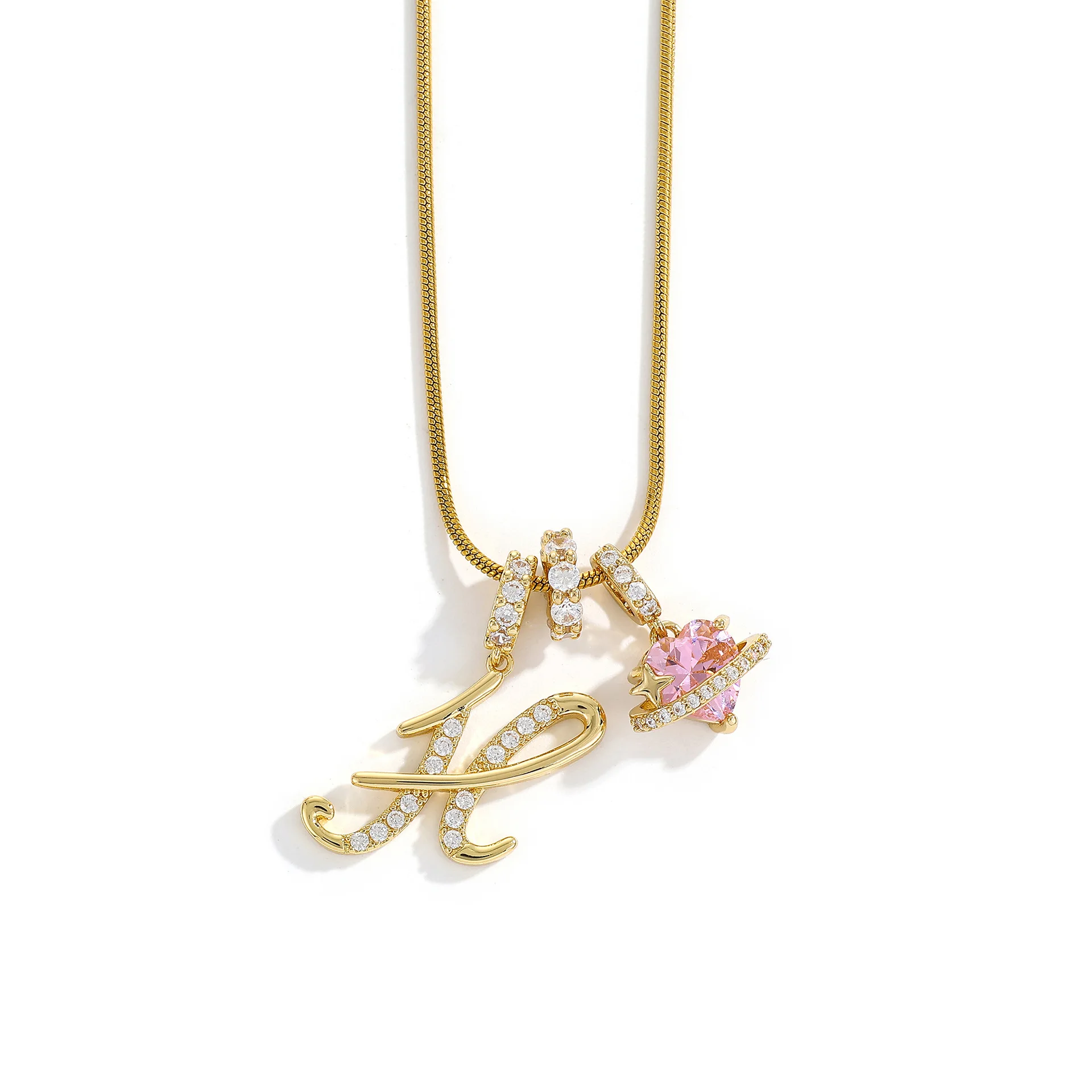 Women's A-Z Initial Letter Pendant Necklace Snake Chain Initial Alphabet CZ Pink Heart Necklace Adjustable Size Hypoallergenic